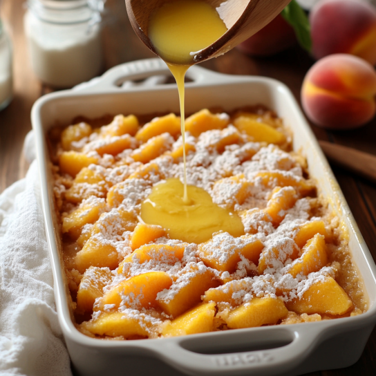 Assembling peach cobbler with cake mix