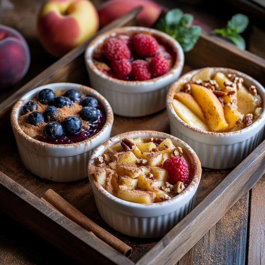 Different variations of cobbler with fruit and toppings