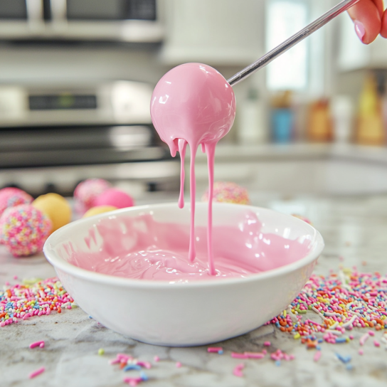 A cake pop being dipped into melted candy coating