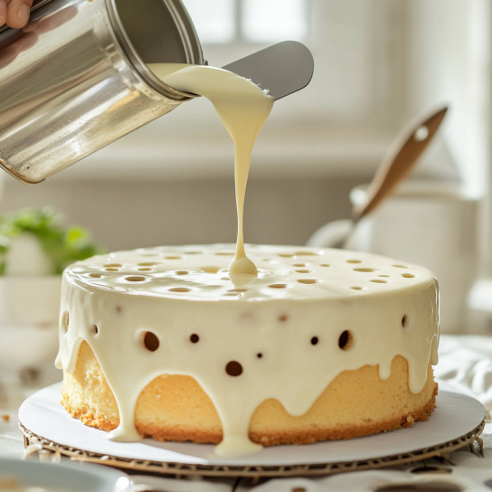 Pouring condensed milk into cake