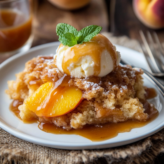 Peach cobbler served with vanilla ice cream