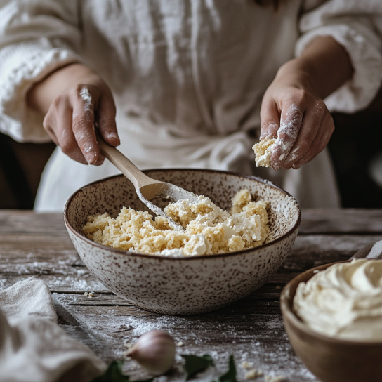 A baker crumbling into a mixing bowl