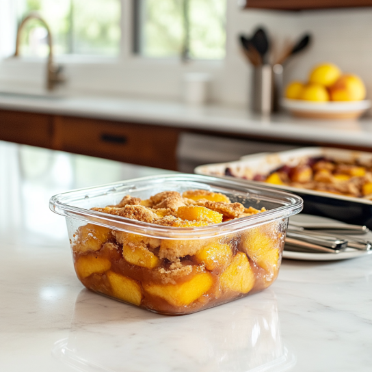 Leftover peach cobbler stored in an airtight container