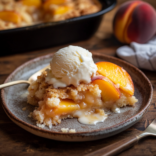 A fresh slice of peach cobbler served on a plate with ice cream